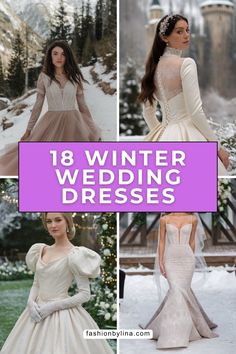 winter wedding dresses with long sleeves and ruffles on the shoulders are featured in this collage