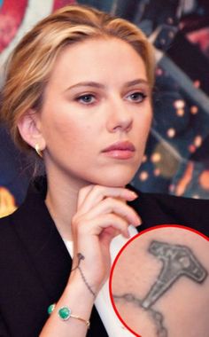 a woman with a cross tattoo on her arm next to an image of a man