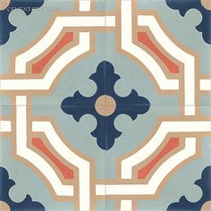 an artistic tile design in shades of blue, orange and white