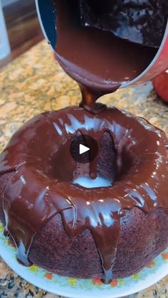 a chocolate bundt cake on a plate with the icing drizzled off