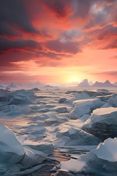 the sun is setting over an icy landscape