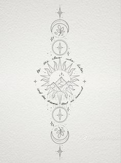 the back side of a tattoo design with stars, moon and crescents on it