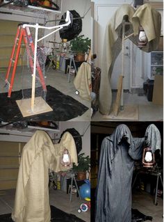 four pictures of various items in the process of being put on and placed together to make a ghost costume