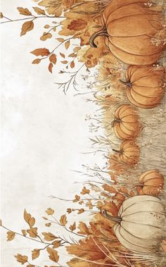 a painting of pumpkins and leaves on the ground