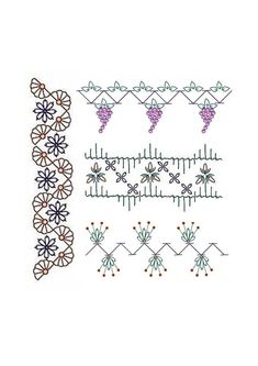 an embroidery pattern with flowers and vines on it, including two rows of grapes hanging from the