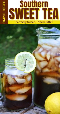 two mason jars filled with iced tea next to lemons