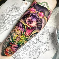 New School Cat Tattoo, Mad Scientist Tattoo, Neo Traditional Raccoon, New School Tattoo Sleeve, Neo Traditional Tattoos Women, Skunk Tattoo, Dublin Tattoo