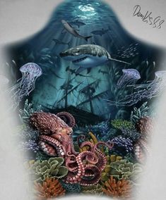 an underwater scene with octopuses and other animals