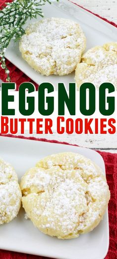 eggnog butter cookies on white plates with rosemary sprigs