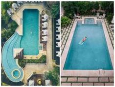 an aerial view of a swimming pool and another photo of a person in the water