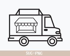 a black and white line drawing of a truck with a awning on the top