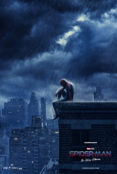 spider - man is sitting on top of a building in the rain with his head down