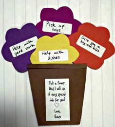 four flowers in a pot with words written on them and attached to the side of it