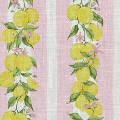 a pink and white striped wallpaper with yellow lemons on the vine in front of it