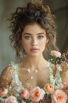 a young woman holding a bouquet of flowers in her hands and looking at the camera