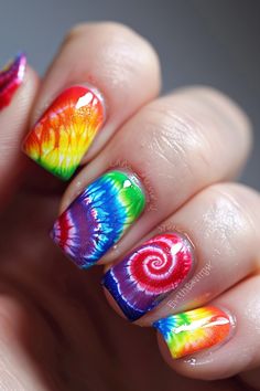 Dive into the colorful trend of summer nail designs 2024 with these vibrant tie-dye twists! Each nail flaunts a rainbow of swirling colors, perfect for making a statement at your next beach party. Get inspired for your June nails and visit nailhow.com for more trendy summer nails ideas! Nail Designs Trends, Design Summer Nails, Nails Design Summer, Summer Nails Inspiration, Nail Art Designs Valentines, Nail Art Designs Valentines Day, Nail Designs For Beginners, Art Nails Design, Summer Nails Art