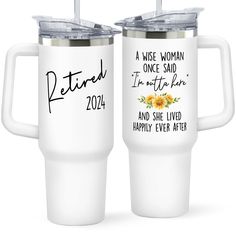 two white tumblers with the words retired and sunflowers on each one side