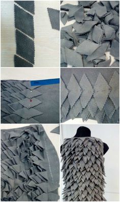 the process of making an origami style jacket with felt and fabric, in different stages