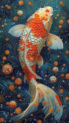 a painting of a goldfish in the water with bubbles and bubbles on it's surface