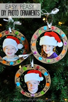 three christmas ornaments hanging from a tree with the words diy photo ornaments on them