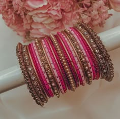 Pink Chooda Designs Brides, Pink Bangles Set Indian, Bridal Wear Indian, Jewellery Bangles, Wedding Jewelry Sets Bridal Jewellery, Thread Bangles Design, Colorful Bangles, Indian Accessories, Indian Bangles