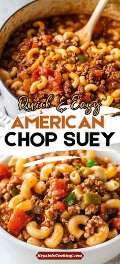 an image of american chop suey in a skillet with the title above it