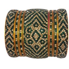 Stunning Rhinestone Encrusted Bangle Bracelet Set. New Without Tags. Clear And Black Rhinestones On Shimmering Emerald Background. Brass Tones Metal. Bought In India. 2 5/8 Inch Diameter, 9.5 Inch Circumference, Narrowest Bangles Are 1/8 Inch Wide, Middle Are 0.5 Inches Wide And Big Is 1.25 Inches Wide. Set Includes 4 Narrow, 2 Medium And 1 Wide Bangle; Set Is 3.25 Inches Wide (Total) Green Crystal Bracelet With Rhinestones, Green Rhinestone Bracelets For Wedding, Emerald Background, Bangle Bracelet Set, Bangle Set, Black Rhinestone, Bangle Bracelet, Womens Jewelry Bracelets, Bracelet Set