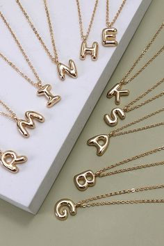 Super cute initial necklaces! The bubble initial is so fun! - 16" Bubble Letter Necklace, Bubble Letter, Mini Balloons, Bday Gift, Bubble Necklaces, Bubble Balloons, Bubble Letters, Sunglass Chain, Initial Necklace Gold