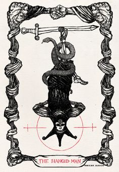 the hanged man tarot card with an image of a snake on it's back