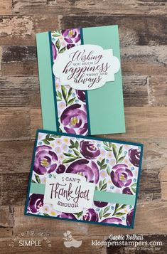 two cards with flowers on them, one has the words thank you and the other says happy