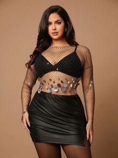 Plus Size Women's Solid Color Music Festival Black Mesh Rhinestone Sparkly Metallic Sequin Decor Chainmail Outfit Sleeveless Tank Top, Suitable For Summer Festival, Party, Concert, Holiday Date Night. Metallic, Sequin Decor, Chainmail Outfit Elegant Luxurious Crystal Rhinestone Details Sexy Sheer Long Sleeve Shirt, Suitable For Summer Vacation Black Sexy  Wrist-Length Sleeve Knitted Fabric Plain  Non-Stretch  Women Plus Clothing, size features are:Bust: ,Length: ,Sleeve Length: Chainmail Outfit, Color Music, Outfit Elegant, Holiday Dates, Music Coloring, Glitter Top, Sequin Decor, Sheer Long Sleeve, Jeans Casual