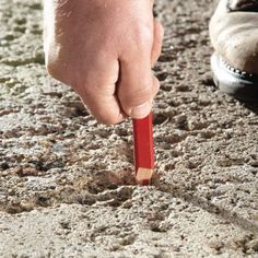 a person is holding a pencil in the sand