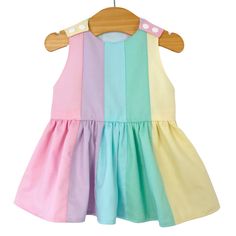 The ultimate pastel rainbow party dress, with rainbow bodice and skirt! Made with 100% premium quality cotton with a bodice and skirt made of a rainbow of carefully chosen shades of pastel colour. Fully lined with light soft cotton.  Full skater style skirt, perfect for twirling. KAM Snap shoulder fasting for quick and easy dressing. This dress sits just below the knee (mid calf). We suggest you do not size up as the dress will be too long! Please check our size guide to make sure you are orderi Summer Cotton Sleeveless Dress With Patchwork, Summer Sleeveless Cotton Dress With Patchwork, Spring Princess Style Cotton Dresses, Cotton Princess Party Dress, Pink Princess Style Cotton Dress, Pink Princess Cotton Dress, Pink Princess Style Sleeveless Summer Dress, Pink Princess Sleeveless Dress For Summer, Pink Princess Sleeveless Summer Dress