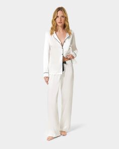 Claudia Shirt & Trouser Cream | Bridal Nightwear | Bluebella – Bluebella - US Elegant Satin Sets With Long Pants, Elegant Long Sleeve Sleepwear Set, Elegant White Bedtime Set, Classic Long Sleeve Pajama Party Sets, Elegant Satin Long Pants Sleepwear, Elegant Satin Sleepwear With Long Pants, Elegant Satin Daywear Set, Shirt And Trouser, Bridal Nightwear