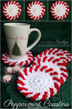 crocheted coasters with peppermint coasters on them and a coffee mug in the middle