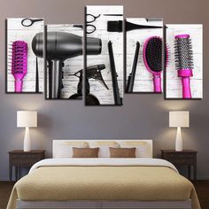 a room with a bed and some hair dryers on the wall