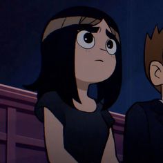 two cartoon characters standing next to each other in front of a wall and looking at the camera