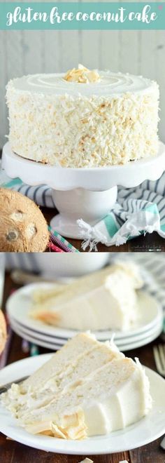 three different pictures of a cake with white frosting and coconut toppings on it