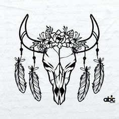 an animal skull with flowers and feathers on it's head is drawn in black ink