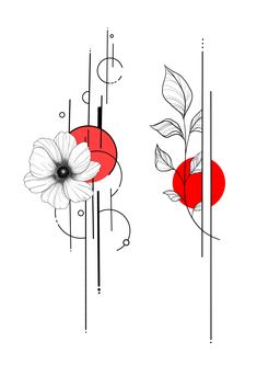 two red and white flowers with black lines on the bottom one has a flower in it