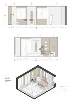 three different views of the interior and exterior of a house, including one with an open floor