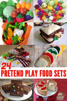 there are many different foods and desserts on the table with text overlay that says, 24 pretend play food sets