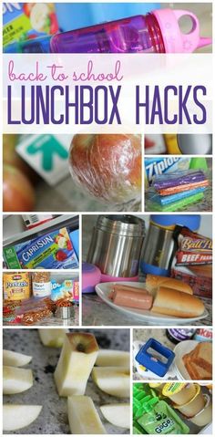 back to school lunchbox hacks with pictures of food and snacks in the background