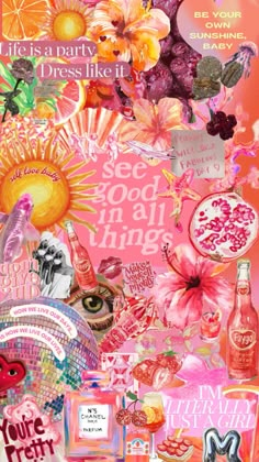 a collage of pink and orange items on a red background with the words, life is a party dress like it