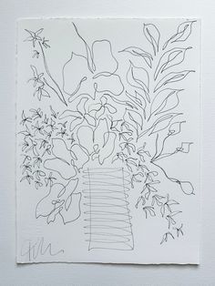 a black and white drawing of flowers in a vase