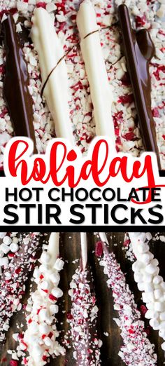 holiday hot chocolate stirsticks with white and red sprinkles on top