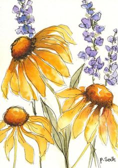 watercolor painting of yellow and purple flowers