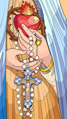 a woman holding a cross with pearls on her hands and the words may 05, 2012