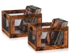 two wooden bins with cd's in them