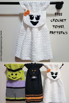 three crocheted towels are hanging on a towel rack and one is made to look like an animal